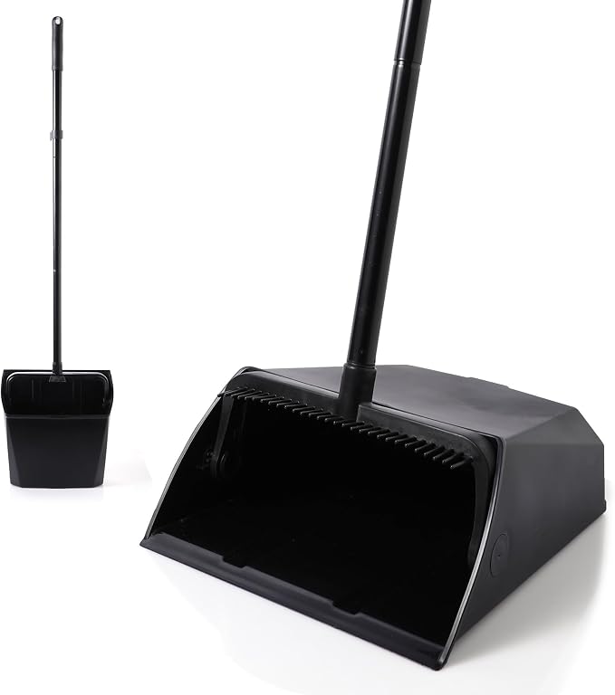 Eyliden Large Commercial Dustpan with Comb Teeth, Upright | Heavy Duty Dust Pan for Restaurants Garages Courtyard Sidewalks Lobby Home Kitchen Room Office Classroom, Black
