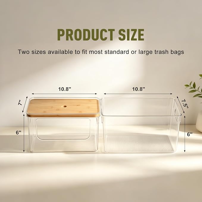 Hudgan 2 in 1 Acrylic Trash Bag Dispenser Under Sink, Garbage Bags Holder with Stackable Bamboo Top for Kitchen, Pantry, Laundry Room