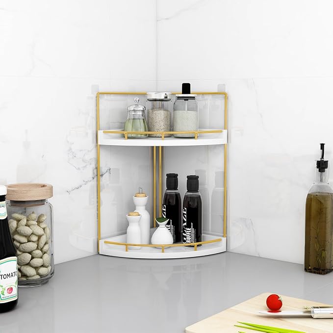Dorhors 2-Tier Bathroom Counter Organizer,Vanity Counter Corner Shelf, Skincare, Wood Countertop Bathroom Storage and Organization for Kitchen (Gold)