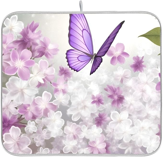 Butterflies Flowers Purple Dish Drying Mat for Kitchen, Absorbent Microfiber Drying Pad Dish Mat, 16" X 18"