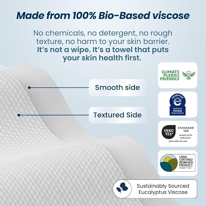 Clean Skin Club Clean Towels XL® Supreme, 100% USDA Biobased Face Towel, Disposable Face Towelette, Eczema Association Accepted, Thicker Textured Dry Wipes, Ultra Absorbent & Soft, 1 Pack, 50 Ct