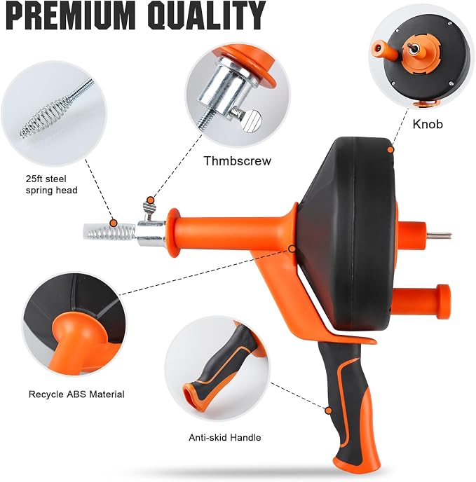 Drain Auger 25 Ft,Plumbing Snake With Drill Adapter,Pipe Clog Remover for Kitchen Bathroom Shower Sink Cleaning,Flexible Spring Steel