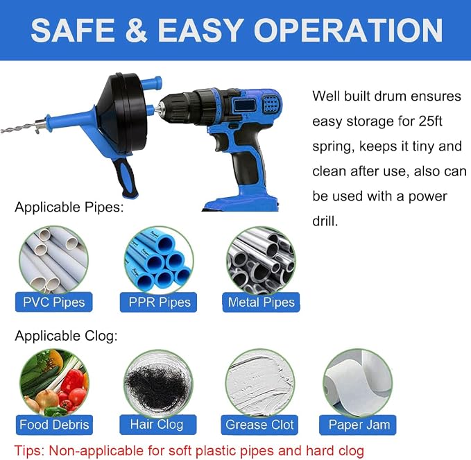 Drain Auger, Clog Remover with Drill Adapter, 25 Feet Flexible Plumbing Snake Use Manually or Powered for Kitchen, Bathroom and Shower Sink, Comes with Gloves (blue)