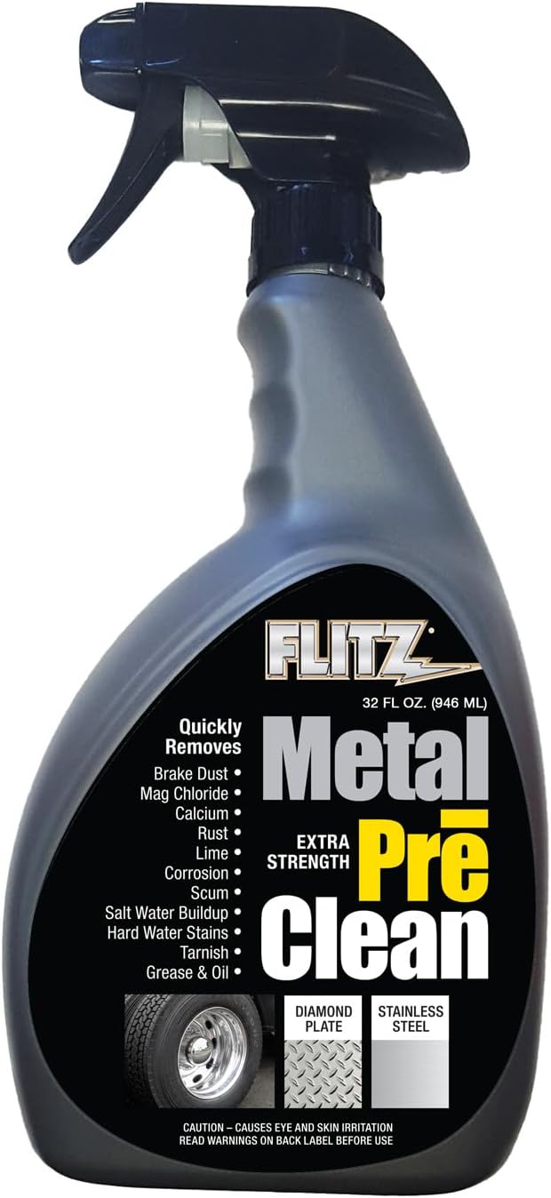 FLITZ Metal Pre-Clean - 32oz of USA-Made Stainless Steel Cleaner Spray - Works on Aluminum, Brass, Copper, & More - Tarnish, Rust Remover for Metals - Non-Abrasive Aluminum Deoxidizer (1 Pack)