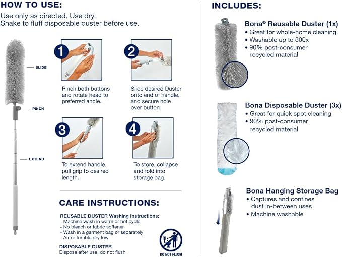 Bona High Performance Dusting System - 1 Extendable Handle, 3 Disposable Dusters, 1 Reusable Duster, & 1 Storage Bag - Extendable Dusting Kit
