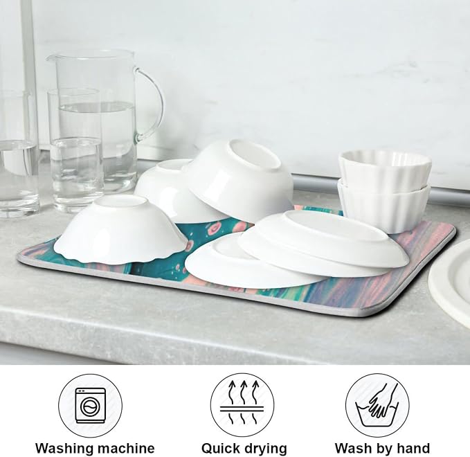 Super Absorbent Dish Drying Mat, Microfiber Fast-Drying Dish Mat, 24" x 18", Kitchen Dish Drying Pad, Marble Pink Green
