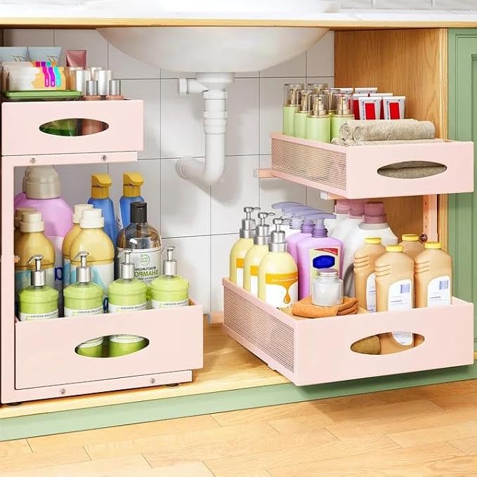 Under Sink Organizer, 2-Pack Pull Out Cabinet Organizer 2 Tier Metal Slide Out Storage Shelf Rack, L-Shaped Adjustable Height,Mesh Sliding Drawer for Kitchen, Bathroom, Laundry, Pantry, Pink, XL