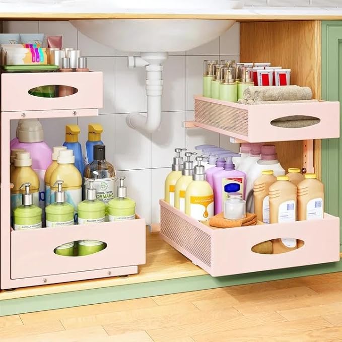 Under Sink Organizer, 1-Pack Pull Out Cabinet Organizer 2 Tier Metal Slide Out Storage Shelf Rack, L-Shaped Adjustable Height,Mesh Sliding Drawer for Kitchen, Bathroom, Laundry, Pantry, Pink, XL