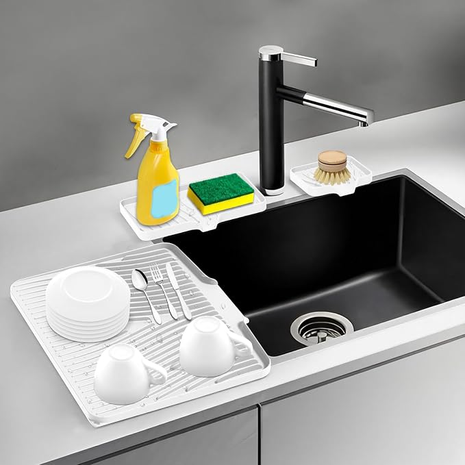 Silicone Dish Drying Mat for Kitchen counter, 19.7"x17" Extra Large Non-Slip Drain Pad with Built-in Drainage, Heat Resistant Dishwasher Safe, Ivory