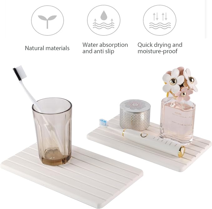 NiuYichee 2 PCS Water Absorbent diatomite Coasters, 9.5" x 5.5" Water Absorbing Stone Tray for Sink, Stone Drying mat for Kitchen Counter, Stone soap Tray Used for Hand Soaps & toiletries & Plants