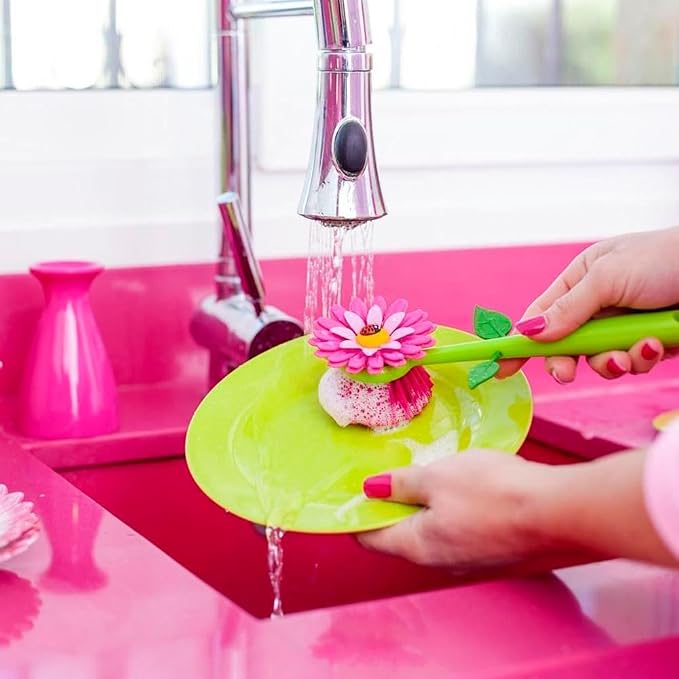 Vigar Flower Power Dish Brush with Handle and Vase Holder - Dish Scrub Brush for Dishes, Kitchen Scrub Brush, Dish Brush with Handle, Sink Cleaning Brush, Pot Scrubber, Dishwashing Brush - Pink