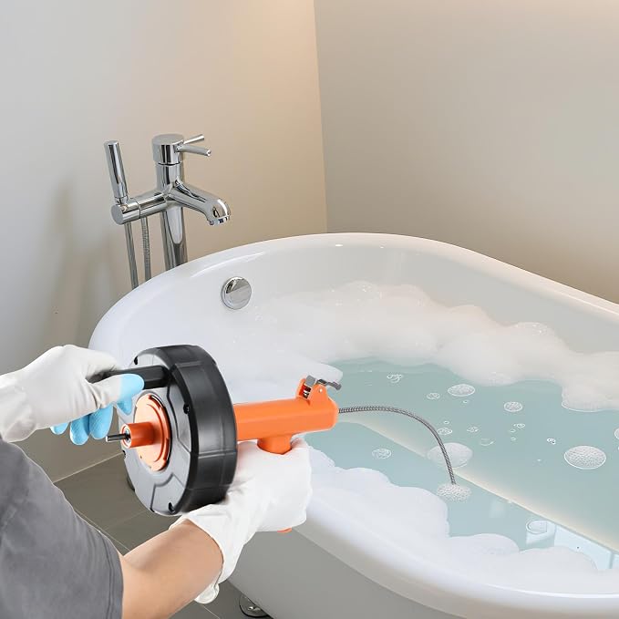 Drain Snake, Auto Feed Plumbing Snake with Drill Attachment, 25 Feet Flexible Drain Auger Tool Set Included Drain Clog Remover, Hair Clog Remover & Cleaning Brush | for Kitchen, Bathroom and Shower Sink with Gloves