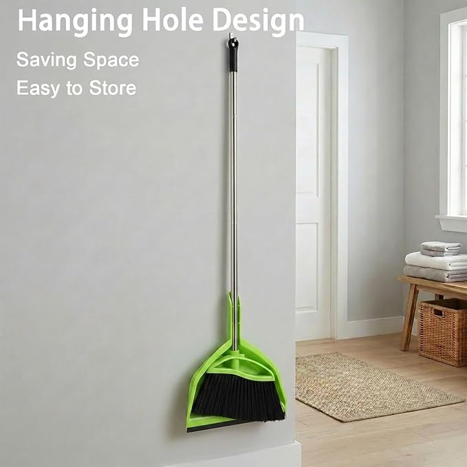 Soft Bristles Green Angle Broom and Dustpan Set, Long Handle Household Indoor Broom with Dustpan Combo Set for Room Kitchen Lobby Office Hardwood Floor Sweeping Floor Cleaning