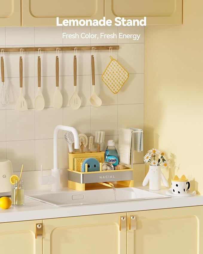 Nacial Sponge Holder for Kitchen Sink, Sink Caddy Organizer with High Brush Holder & Two Towel Racks - Rustproof 304 Stainless Steel Kitchen Countertop Storage Essentials - Yellow