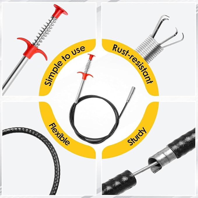61 Inch Drain Snake Clog Remover, Flexible Grabber Tool with Strong 4-Claw, for Sink, Shower, Bathtub, Kitchen Drain & Toilet