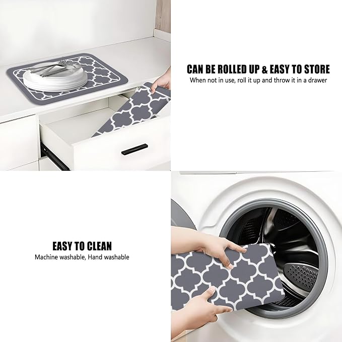 Dish Drying Mat 2-Pack in Grey Quatrefoil for Kitchen Counter Dishes Mat | Diatom Mud Mats (18x24, 19.5x12"). Non-slip rubber back for kitchen counter, coffee bar & sink scenes