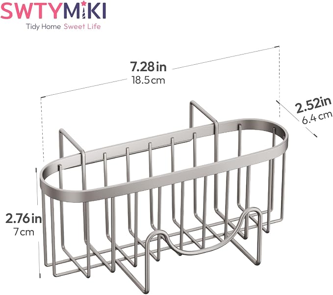 SWTYMIKI Sponge Holder for Kitchen Sink - Movable Kitchen Sink Caddy with M Hook Stainless Steel Hanging Sponges Caddy Organizer in Double Bowl Sinks Depth>3.15in, Middle Divider<1.5in, Sand Nickel L
