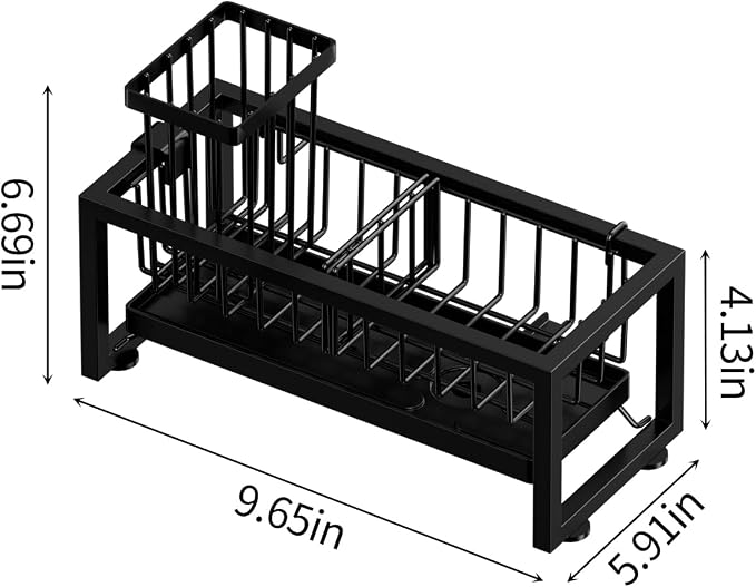 Sponge Holder for Kitchen Sink, 304 Stainless Steel Sink Caddy with Tall Brush Holder & Self-Draining Tray, 3-Compartment Countertop Organizer for Dish Soap Dispenser, Sponge, Scrubber, Black