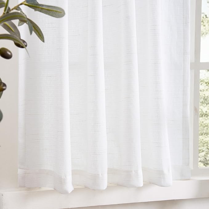 jinchan Linen Pinch Pleated Back Tab Tier Curtains, 38x45, 2 Panels, White | Light filtering,small window treatment,cafe curtains,machine washable,farmhouse,kitchen,bathrooms,laundry