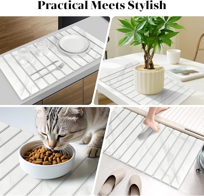 Extra Large Stone Dish Drying Mat for Kitchen Counter, 28"×16" Marble-Pattern Mat with 8"x 4" Coasters, Non - Slip Collapsible Absorbent Mat for Multi - Purpose, Match Any Countertop【White】
