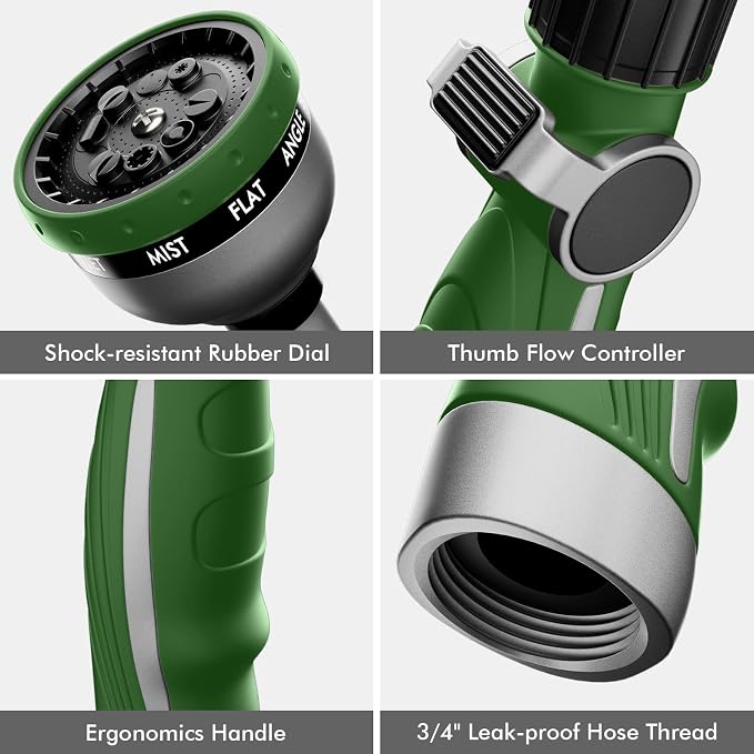 RESTMO Watering Wand Heavy Duty, 15-Inch Long Hose Nozzle Sprayer | 10 Spray Patterns & Thumb Flow Control, Metal Garden Hose Wand for Water Hanging Baskets and Shrubs, Green