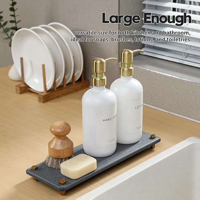 Kitchen Sink Caddy Water Absorbing Stone Drying Tray, Diatomite Bathroom Sink Organizer, Faucet Counter Mat Coaster, Soap Dish Rack Riser Dispenser Sponge Holder, Dark Gray Gold -12.5" x 4.5"