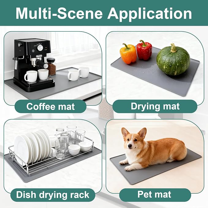 Silicone Coffee Mat, 24"X16" Heat-Resistant,Eco-friendly,Hygienic Drying Pad,Leak-Proof and Non-Slip,Removable Silicone Mat with Concave and Convex Design,(Gray 24X16)