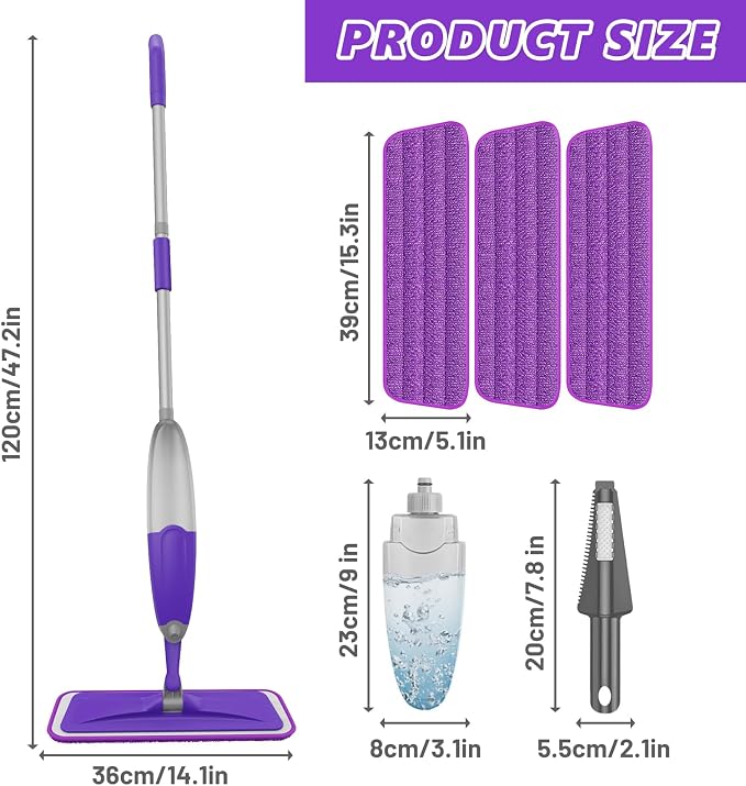 HOMTOYOU Spray Mops for Floor Cleaning: Wet Mop for Hardwood Tile Wood | 3 Washable Microfiber Pads for Swiffer Powermop, 1 Refillable Bottle, Wet and Dry Use, for Families with Pets & Children