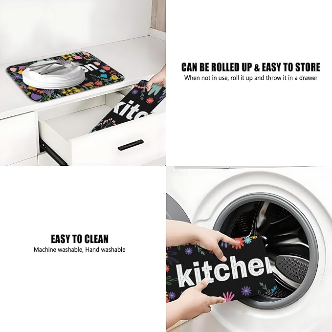 Dish Drying Mat 2-Pack in Floral Garden for Kitchen Counter Dishes Mat | Diatom Mud Mats (18x24, 19.5x12"). Non-slip rubber back for kitchen counter, coffee bar & sink scenes