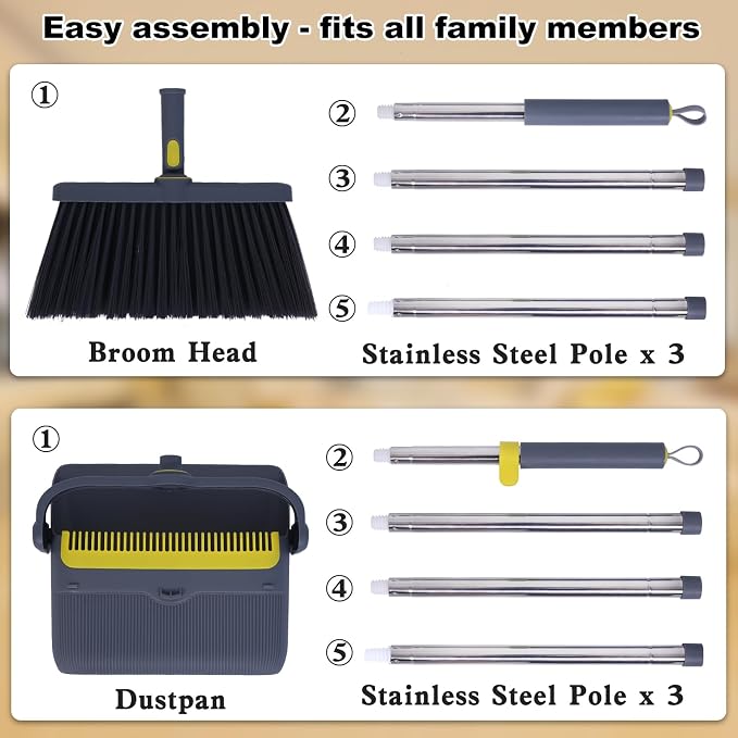 Heavy Duty Broom and Standing Dustpan Combo Set, Rotatable Head Dust Pan and Brush Set with Collapsible Handle, Cleaning Teeth, Hanging Loop, Ideal for Pets, RV, Kitchen, Camping, Outdoor Floor, Gray