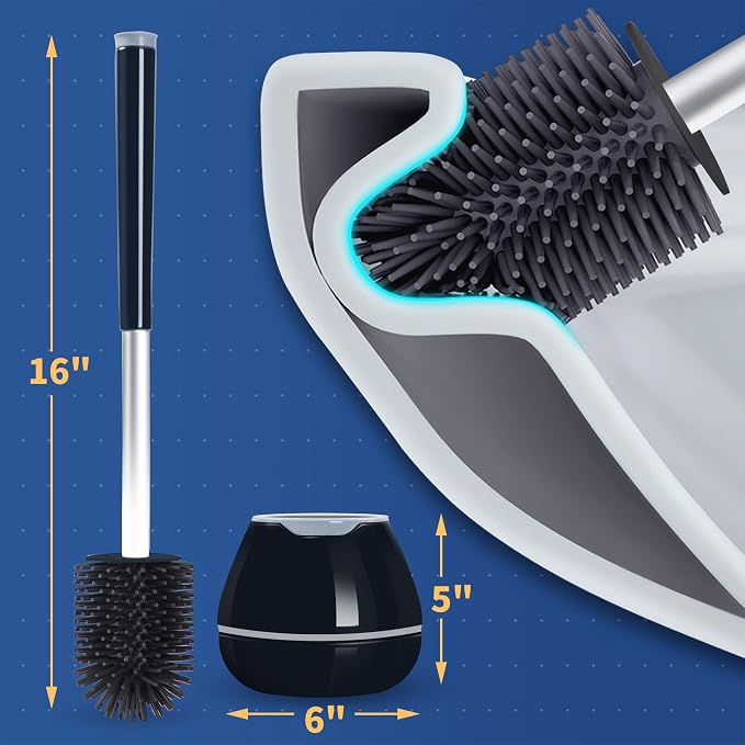 BOOMJOY Toilet Brush and Holder 2 Packs, Silicone Toilet Bowl Brush with Tweezers for Bathroom, RV Cleaning-Black & Grey