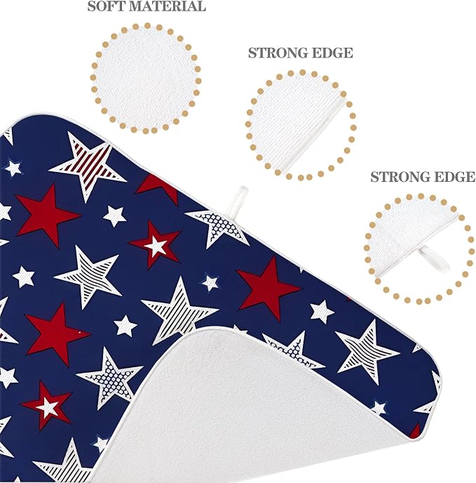 4th of July Dish Drying Mat 18x24 Inch Navy Blue Red Stars Patriotic Decor Drying Mat Independence Day Memorial Day Absorbent Dish Drying Pad Dish Rack Drainer Mats for Kitchen Dining Counter