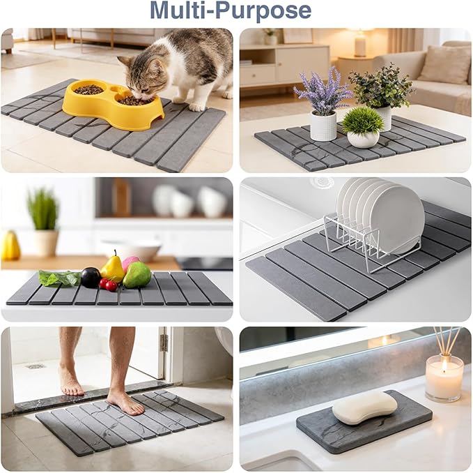 Diatomaceous Earth Stone Dish Drying Mat, 24 x 16 Inches Large | Fast-absorbing in 30s, Eco-friendly stone, foldable, heat-resistant, great for kitchen counter, cups, utensils, pet bowls