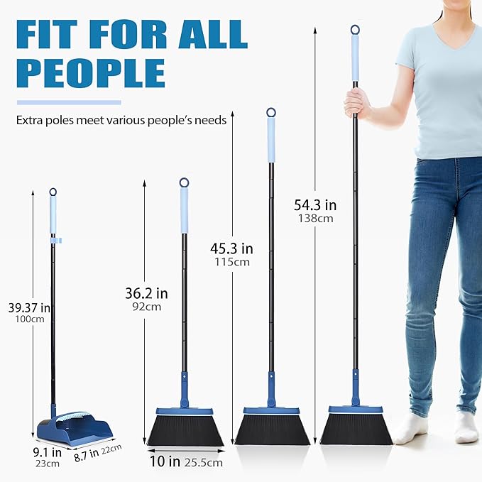 JEHONN Dustpan and Brush Set, 54 inches Long Handle Swivel Broom, Upright Foldable Dust Pan with Comb Teeth for Home Kitchen Lobby Indoor Floor Cleaning(Blue)