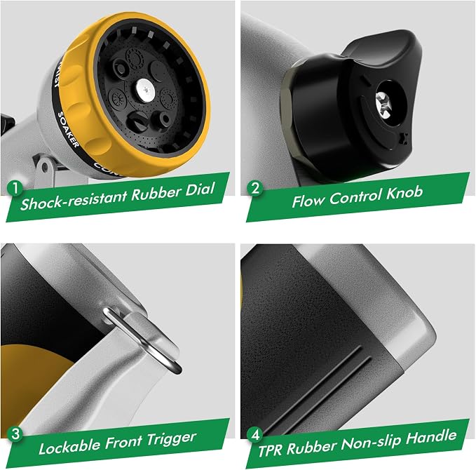 RESTMO Garden Hose Nozzle, Heavy Duty Metal Water Hose Nozzle with 7 Adjustable Spray Patterns, High Pressure Hand Sprayer with Flow Control, Best for Watering Plant & Lawn, Washing Car & Pet, Yellow