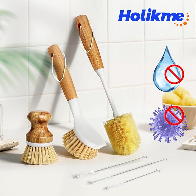 Holikme 6 Pack Dish Brush Kitchen Brushes Set with Vegetable Palm Brush, Bottle Brush, Dish Brush and Straw Brush, Fruit Cleaning Brushes for Cleaning Potato, Amarillo