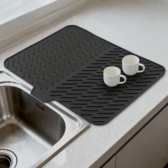 Silicone Drying Mat, 23"X17" With Built-in Drain Lip,Heat-Resistant,Eco-friendly,Hygienic Drying Pad,Leak-Proof and Non-Slip,Silicone Dish Drying Mat for Kitchen Counter or Sink(Black 23X17)