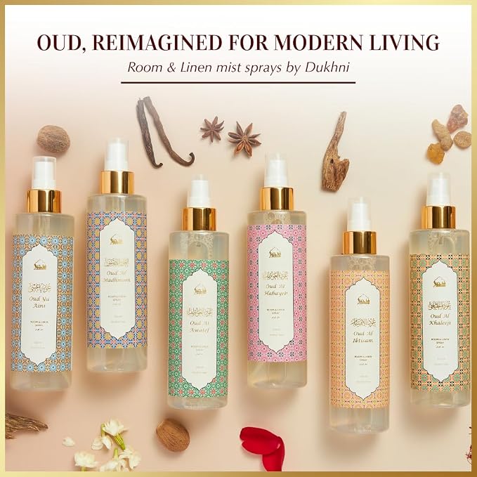 Oud Al Awatef Lemongrass Spray by Dukhni | 250ml Arabic Air Freshener | Lemongrass Oud Fabric Spray for Home, Prayer Mats, Bed, Linen, Sofa, Curtain, Car | Room Air Freshener, Odour Eliminator
