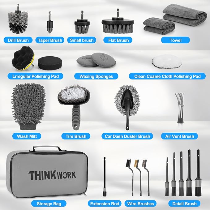 THINKWORK Car Detailing Kit with Multi-Size Drill Brushs & Extension Pole | 4 Drill Brushes, Deep Cleaning for Tires & Wheel Rims, Car Care & Cleaning Gray, Car Detailing Supplies, Gift, 27Pcs