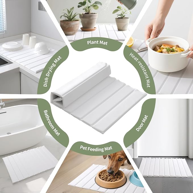 JUKER Large Stone Dish Drying Mat 24 x 16 Inches White Kitchen Pad | Removable PU leather cover, glue-free core, foldable quick dry, multi-use kitchen & pet drying pad