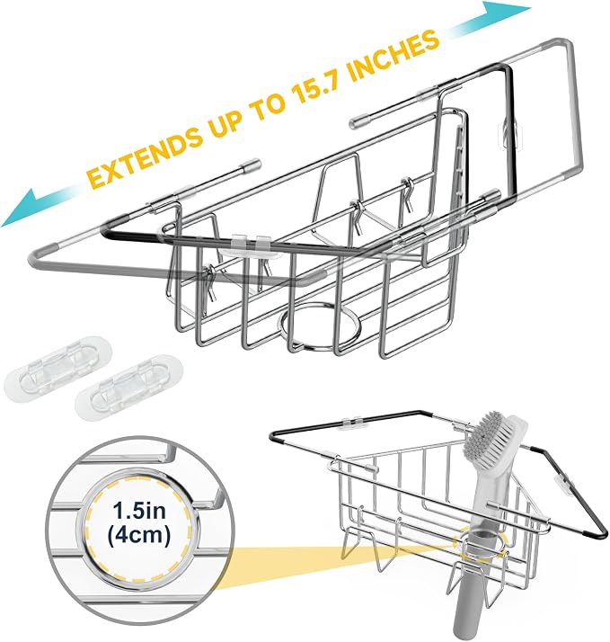 NiHome Extendable Arm Stainless Steel Kitchen Sink Corner Caddy, Easy Install Space-Saving Adjustable Sponge Holder, Non-Slip Rust-Resistant for Brushes, Soap, Sponges (Silver)