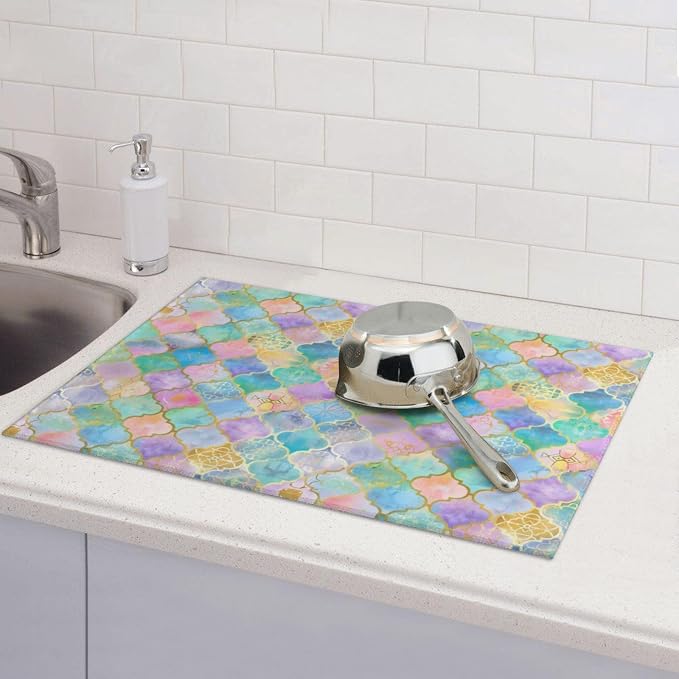 Rainbow Morocco Dish Drying Mat For Kitchen Counter, Super Absorbent Microfiber Dish Drying Pad, Kitchen Gadgets For Easy Clean Multi-Use Large 18"x24"