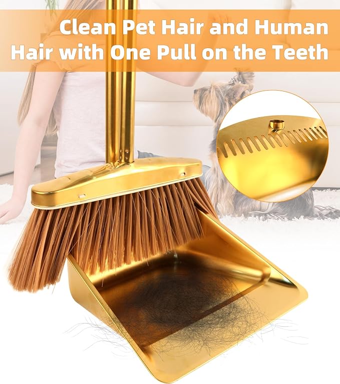 Gold Stainless Steel Broom and Dustpan Set, 2-Piece Long Handle Standing Pan with Comb Teeth, Heavy Duty Windproof Upright Design for Home, Kitchen, Indoor Outdoor Use