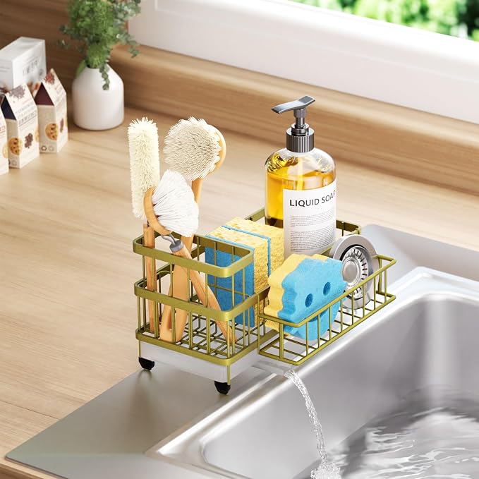 Consumest Sponge Holder for Kitchen Sink - Auto Draining Sink Caddy Organizer with Detachable Rack, High Brush Holder, Kitchen Countertop Storage Accessories, Light Gold