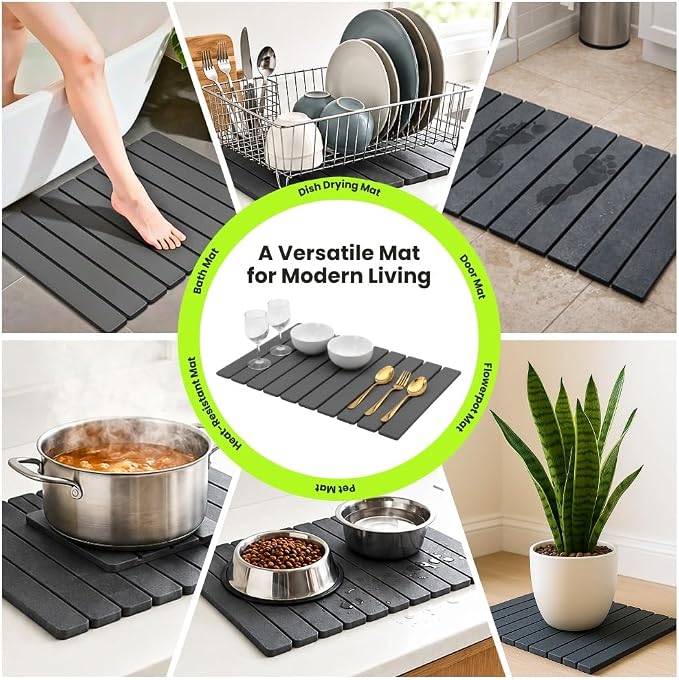 Stone Dish Drying Mat for Kitchen Counter, Large Quick Dry Diatomaceous Earth Stone Drying Mat, Foldable Water Absorbent Dish Drying Mat for Dishes, Cups, Bottles, Kitchen Sink & Countertop (Grey)