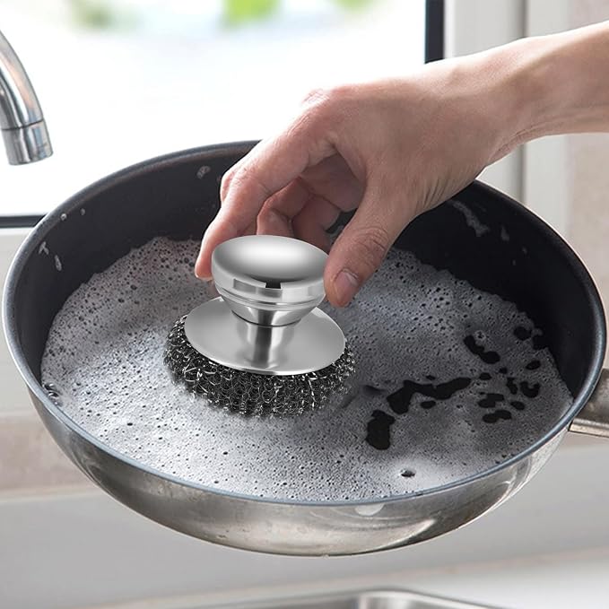 4Pcs Steel Wool Scrubber Set, Stainless Steel Scrubber with Stainless Steel Handle, for Cleaning Dishes, Cast Iron, Stock Pots, Pans, Griddles, Grills