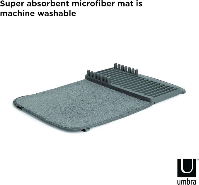 Umbra Udry Dish Rack and Microfiber Drying Mat – Space-Saving Design Folds Up for Easy Storage, Mini Rack, Gray