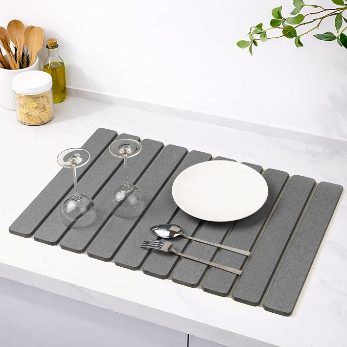 Stone Drying Mat for Kitchen Counter, 24"x16" Large Dark Gray Foldable Diatomaceous Earth Mat, Quick-Dry Super Absorbent Stone Dish Drying Mat for Dishes Bottles Cups