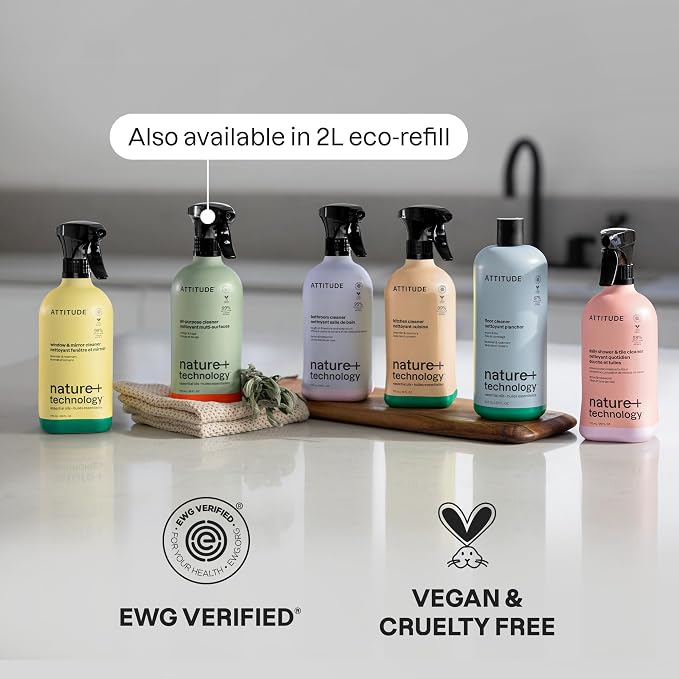 ATTITUDE Bathroom Cleaner Spray, Natural Origin Ingredients, EWG Verified, Eliminates Soap Scum, Limescale, Streak Free, Lemon & Rosewood, 26 Fl Oz
