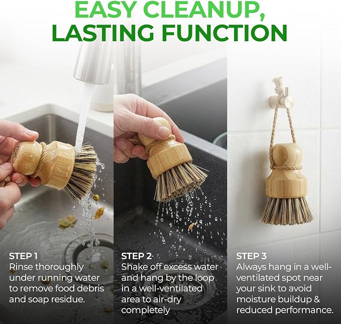 AIRNEX Bamboo Dish Brush Set of 2 - Natural Wooden Dish Scrubber with Sisal & Coconut Bristles - Plastic Free Kitchen Scrub Brush for Dishes, Sink, Pots & Pans - Non Scratch Kitchen Dish Brush